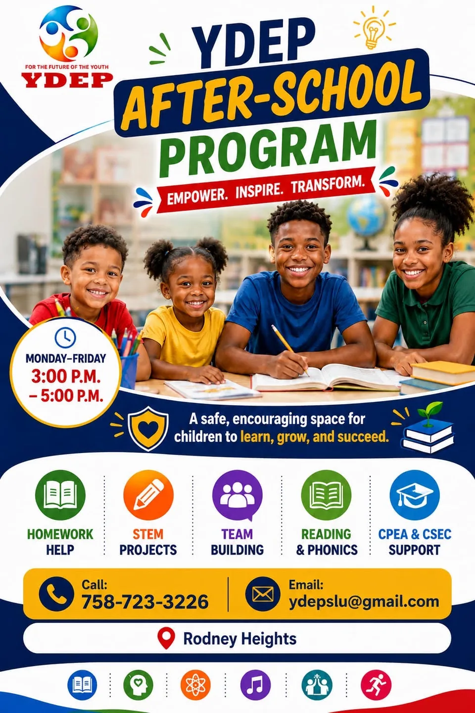 YDEP After-School Program flyer: Monday–Friday 3:00–5:00 p.m., Rodney Heights, call 758-723-3226 or email ydepslu@gmail.com
