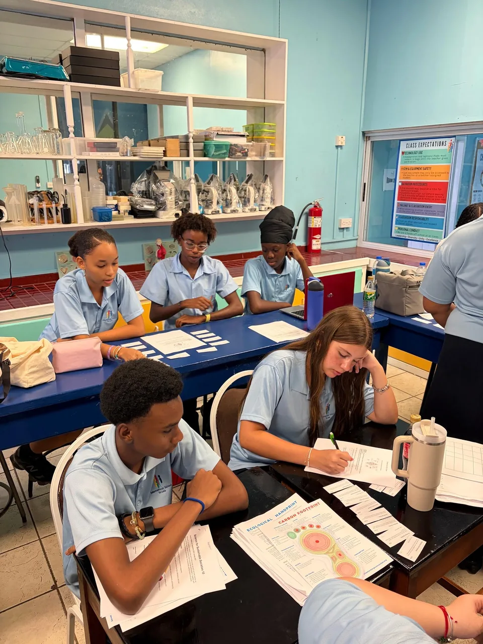 Secondary students work with worksheets and cards in a science lab