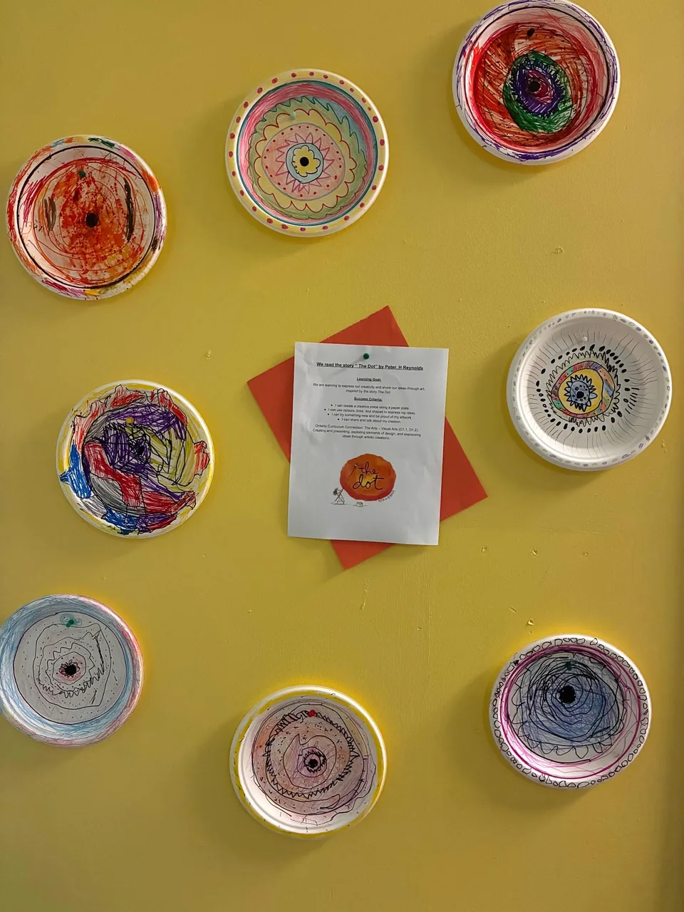 Colourful decorated paper plates with dot designs displayed on a yellow wall around a printed note