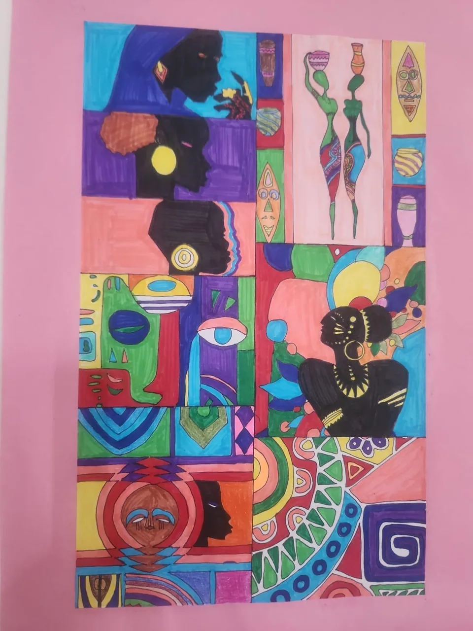 Vibrant marker artwork of African-inspired faces, figures and patterns mounted on pink paper