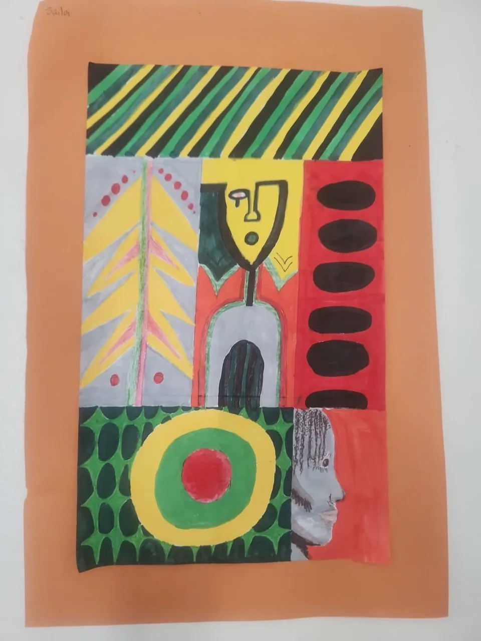 Painted artwork with a mask-like figure, stripes and bold circles mounted on orange paper