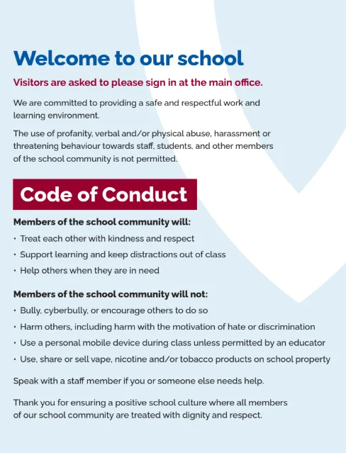 Code of Conduct poster: visitors sign in at the main office; no bullying, class mobile devices or vaping on school property